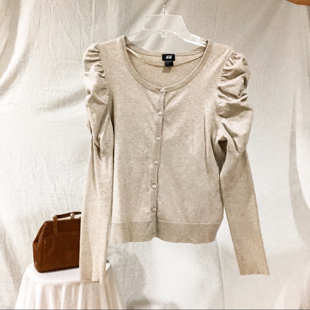 H&M Puff Sleeve Beige Button Up Cardigan Size Medium M